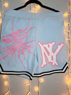 ROMWE Men Prep Y2K NY Graphic Contrast Trim Mesh Basketball Shorts